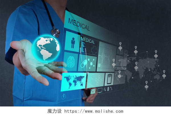医生护士伸手屏幕触屏数字化现代化医疗平台